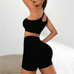 Hot 2 pièces femme Fitness Yoga costume sans couture une épaule gilet Shorts séchage rapide Gym entraînement ensembles grande taille ensemble de sport - Product Image 4