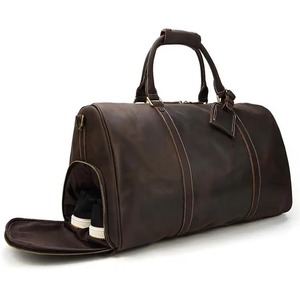 Factory Custom Logo Eco-Friendly Large <b>Waterproof</b> Vintage Crazy Horse Genuine Leather Weekender Travel Duffel <b>Bag</b> Shoe - Product Image 3