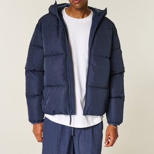 Blouson d'hiver personnalisé pour homme, veste à capuche bleue de créateur, lourdement isolé, brillant, rembourré, grande taille, OEM disponible - Product Image 1