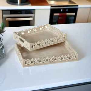 Bandeja de servicio de madera tallada de un solo nivel de diseño, bambú sólido con color de lavado blanco para uso doméstico en escritorio o vajilla de baño - Product Image 4