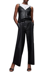 Vintage Style Women's Leather Pants Mid-Waist Wide Leg Straight Cut Anti-Wrinkle Breathable Sustainable Logo Stripe for Winter - Product Image 4