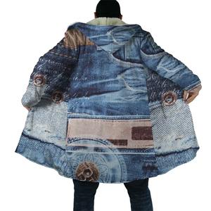 Unisex Casual Winter Coat with Vintage <b>Denim</b> Pocket 3D Printed Wool Warm Cape New Season Crew Neck Design Men's <b>Jackets</b> - Product Image 4
