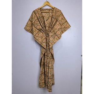 Robe kaftan de style bohème indien avec imprimé narcisses doré brun fait main, en tissu de coton respirant, confortable, idéale comme cache-maillot de bain - Product Image 3