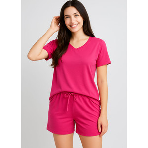 Women's Soft Knitted Spaghetti Strap Sleep Shorts Shocking Pink Elastic Waist Breathable <b>Summer</b> Homewear 2-Piece Front - Product Image 1