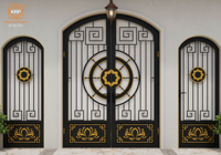 Porte d'entrée extérieure double en fer forgé, de luxe, moderne, antivol, durable et résistante à l'eau pour villa au Vietnam