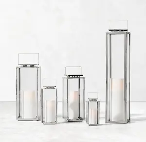 Yeni trend dekoratif lüks cam fenerler gümüş Metal iç mekan dış mekan dekorasyonu ev mum aydınlatma el yapımı fener