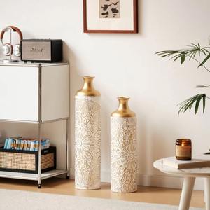 Stylish <b>Gold</b> Metal <b>Vase</b> with <b>White</b> Design Beautiful Centerpiece for Home Office <b>and</b> Special Occasions From India - Product Image 2