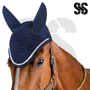 หมวกคลุมหูม้าถักโครเชต์ทำมือ สีฟ้า ขนาดมาตรฐาน คุณภาพสูง ป้องกันแมลง ดีไซน์สวมใส่สบายสำหรับม้าทุกสายพันธุ์ - Product Image 2