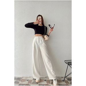 Pantaloni Palazzo Basic a vita alta bianchi da donna con gamba larga alla moda e comodi - Product Image 4