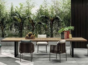 Ensemble de table à manger d'extérieur en teck massif, design minimaliste de luxe, design de panneau moderne élégant, chaises de patio résistantes aux intempéries, villa haut de gamme - Product Image 4