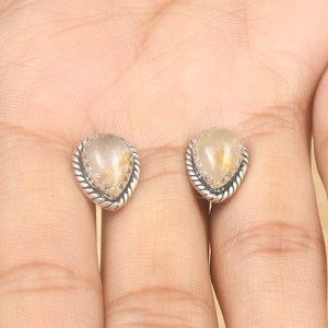 Handmade 925 <b>Sterling</b> <b>Silver</b> Earrings for Girls Bohemian Natural Golden Rutile <b>Studs</b> Peace Pattern Gold Plating Jewelry Gift - Product Image 3