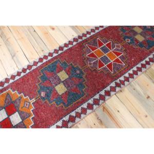 Alfombra Turca Vintage de 2.8x12 pies (85x365 cm), Alfombra Geométrica Roja Anaranjada Herki - Product Image 2