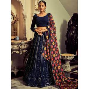 Impresionante Traje de Novia de Georgette con Lentejuelas Azul Marino - Lehenga Choli - Product Image 4