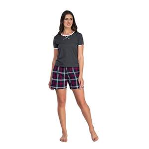 Ensemble short et t-shirt en coton à carreaux pour femme Evolve, tenue décontractée de nuit avec taille élastique et poches, taille élastique douce - Product Image 1