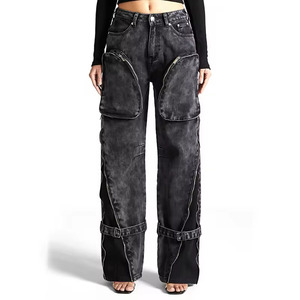 กางเกงยีนส์สตรีทฮิปฮอปทรงหลวมสำหรับผู้หญิงกางเกงยีนส์ลำลองทรงหลวมยาวปานกลางมีกระเป๋าโลโก้ออกแบบได้ตามต้องการ - Product Image 4