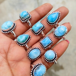 Vente en gros de bague en argent plaqué 925 grosse pierre de Larimar bijoux en laiton mariages fiançailles fêtes cadeaux d'anniversaire - Product Image 2