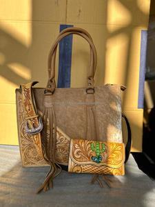 Nouveaux sacs fourre-tout en cuir de fourrure de vachette à imprimé floral usiné à la main véritable sac de soirée élégant occidental et embrayage outillé ensembles combinés uniques - Product Image 2