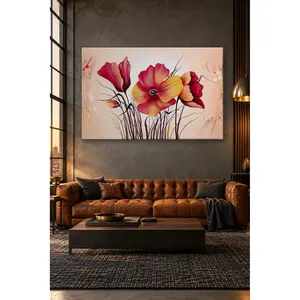Impression sur toile de coquelicots rouges et jaunes sur fond rose de Fida - Product Image 1