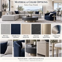 Ensemble de canapés modernes, canapé tissé gris brume, fauteuils capitonnés bleu marine, table basse aspect pierre anthracite, lit rembourré, meubles sur mesure
