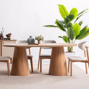 Table à manger ovale en chêne massif naturel avec base à double piétement 60x36x29 pouces, style moderne minimaliste, 6 places - Product Image 4
