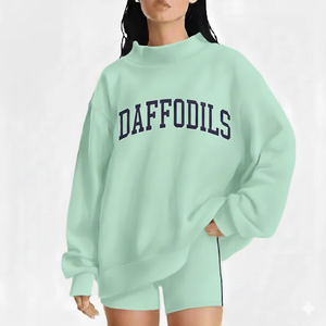 Women Oversized Mockneck <b>Sequined</b> Badge Front Sweatshirt Loose Fit Cotton Fleece Streetwear Casual Winter Fashion <b>Top</b> - Product Image 1