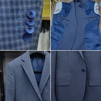 Jas Pria Biru Motif Kotak-kotak Gingham Single Breasted Satu Kancing Kerah Notch Setengah Berlapis Jas Bisnis Musim Panas untuk Pria Custom MTM