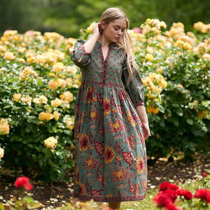 Vestido Doria Hecho a Mano, Estilo Bohemio, Midi, Estampado a Mano, Algodón Casual, Informal, de Algodón Puro con Estampado Floral - Product Image 1