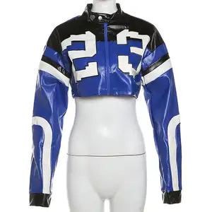 2024 New Arrival Spring Streetwear Woman Vintage Racing Jacket Patchwork Cropped Pu Leather Varsity Letterman Jacket