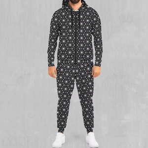 Conjunto de chándal con estampado geométrico blanco personalizado Sudadera con capucha y pantalones de Jogger con cremallera unisex Traje de dos piezas Ropa de calle de moda - Product Image 2