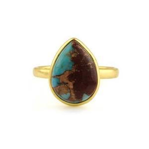 Anillo fino de plata chapada en oro de 18 quilates con forma de pera delicada, 12x16mm, Lava Natural, turquesa, cobre, bisel de piedras preciosas, joyería - Product Image 5