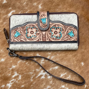 Gran oferta Western Hair On & Hand Tooled Leather Turquoise Floral Wristlet Wallet para mujeres Western Cowhide Credit Card Wallets - Product Image 2