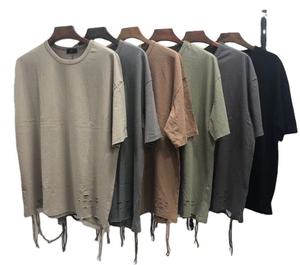 Haute rue goutte épaule coupe homme déchiré t-shirt chanvre coton tissus surdimensionné goutte épaule acide Vintage lavé bordure t-shirt - Product Image 1