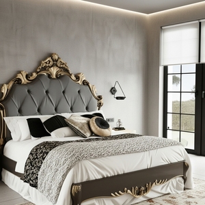 Cama King Size de Lujo Estilo Barroco <span class=keywords><strong>ONLYONE</strong></span>, Tapicería Gris con Mechones, Tallado Dorado, Muebles de Dormitorio Modernos y Clásicos para Casa y Hotel - Product Image 1