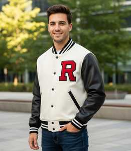 Haut court pour femme de haute qualité, veste de baseball/college imprimée sur mesure, corps en laine d'hiver, manches en cuir, taille plus. - Product Image 2