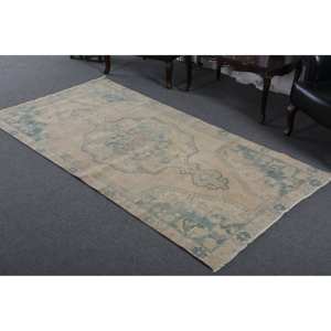 Vintage 4 X 7,8ft laine turque tapis traditionnel écologique Beige bleu Patchwork tissage plat pour décorations de salle à manger Latex - Product Image 2