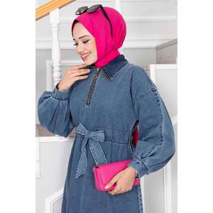 Robe Hijab en denim à demi fermeture éclair Bleu clair - Product Image 3