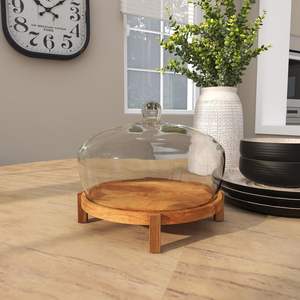Support à gâteau en bois moderne avec dôme en verre pour la pâtisserie, les chefs amateurs et les traiteurs professionnels à la recherche de style - Product Image 1