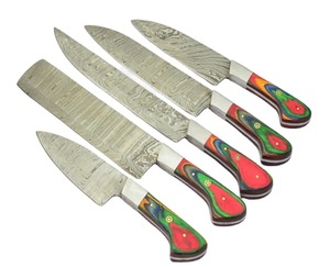 Juego de cuchillos de cocina de hoja de acero de Damasco hecho a mano, 5 piezas, el mejor juego de cuchillos de Chef de Damasco, mango de madera con bolsa de cuero - Product Image 1
