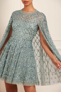 High Quality Tea-Length Ball Gown Dress with Deep O-Neck Custom Fit & <b>Flare</b> <b>Sequined</b> Pearls Natural Waistline Elegant for Women - Product Image 4