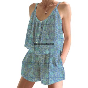 Conjunto de Pijama de Shorts Indio de Lujo Estampado a Mano, Algodón Puro de Alta Calidad, Primavera/Verano, Ajustado, con Tirantes, Sin Mangas - Product Image 3