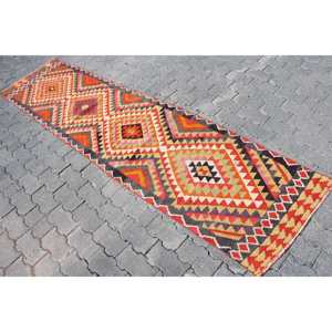 Vintage Turkish Rug 2.2x9.2 ft (68x281 cm), Kilim Red <b>Yellow</b> Animal Print Rug - Product Image 2
