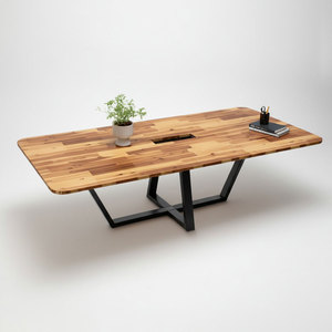 Modern 120x240cm Acacia Wood Meeting <b>Table</b> with Powder-Coated Iron Legs for <b>Office</b> & Hotel Conference Rooms-BH68029 - Product Image 1