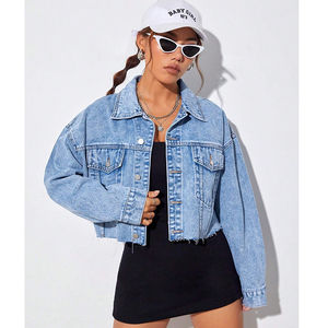 Veste en jean pour femme, logo personnalisé en gros, bouton brut, mode, manches régulières, hiver, OEM - Product Image 3