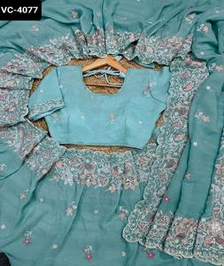 Sari de seda suave y crujiente de estilo moderno más hermoso con blusa bordada de trabajo para colecciones de Sari para festivales y fiestas - Product Image 1