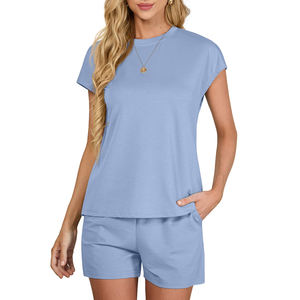 2025 été nouvelle couleur unie 100% coton vêtements de sport pour femmes col ample à manches courtes T-Shirt déchiré bouton à capuche court 2 pièces - Product Image 1