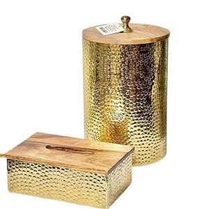 Nouvelle boîte à mouchoirs en métal et bois martelés, porte-serviettes pour hôtel, maison et restaurant avec finition dorée - Product Image 1