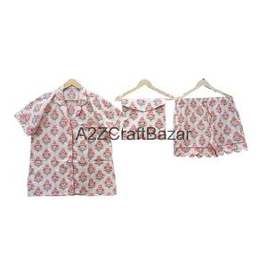 Conjunto de Pijama corto estampado de bloque de mano de algodón indio para mujer elegante ropa de dormir Floral traje cómodo con camisa de manga corta pantalón - Product Image 1