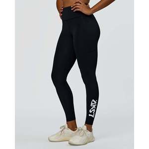 <b>Women's</b> High-Rise Full Length <b>Leggings</b> with Pockets-Black <b>White</b> Script Print - Product Image 1