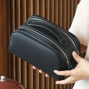 Genuine Leather Cosmetic Bag Medium Size Zipper Closure Portable <b>Makeup</b> <b>Case</b> Soft Handle Simple Style Green - Product Image 4