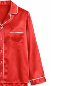 Conjunto de Pijama de Seda Satén Rojo Brillante para Mujer, Fabricante, Botones, Manga Larga, Ropa de Dormir de Lujo, Suave y Lisa, Ropa de Estar por Casa - Product Image 3